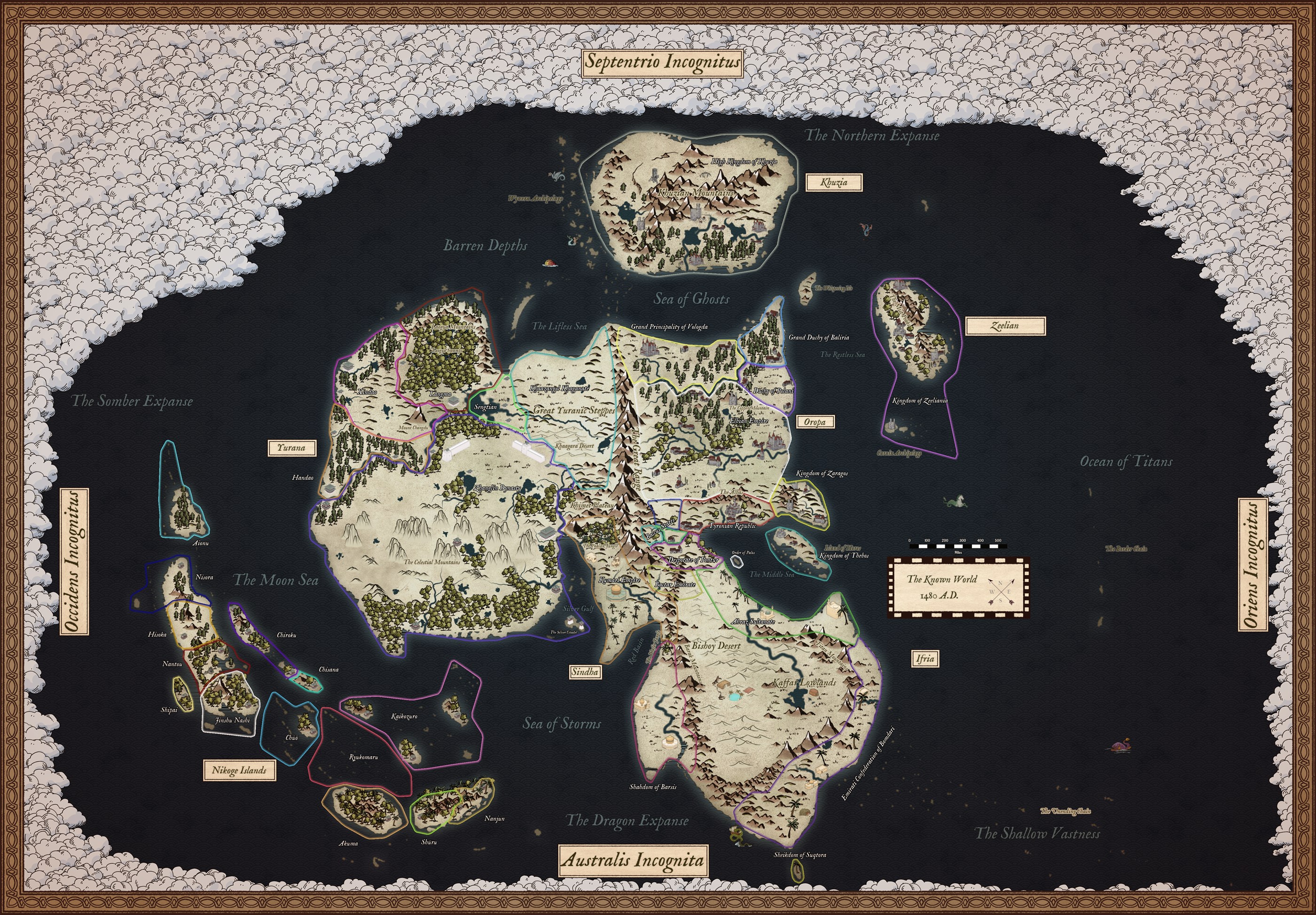 Hand-drawn map of the Known World, showing Yurana, Oropa, Khuzia, Ifria, Sindha, Zelian and the Nikoge Islands
